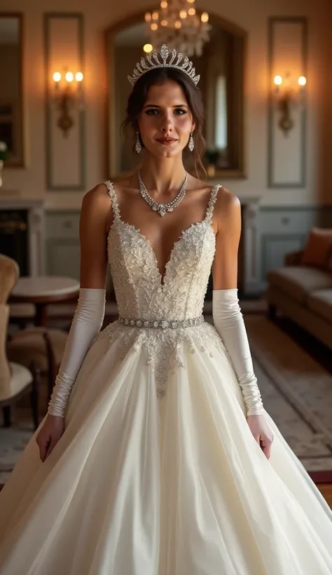 using the photo template, Create the woman in a Ball Gown wedding dress, plunging neckline, Well waisted and with a very wide Disney princess-style skirt. a tiara and a silver necklace with diamonds. gloves above the elbows. She must be in a luxurious part...