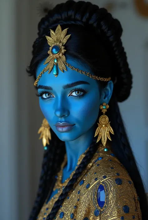  portrait photo of a gin girl  , close-up, maximum quality , photorealism,  genie girl  ( genie like Aladdin's magic lamp ,  mystical creation female genie ,  blue skin ,  dark hair braided in a thick braid , gold jewelry with gemstones ,  expensive ancien...