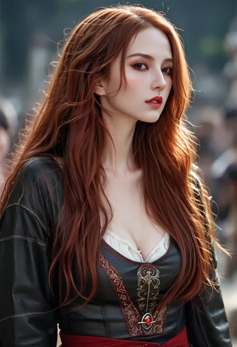  DARK DARK FANTASY  ,   WOMAN WITH WHITE SKIN AND LONG CRUST HAIR , Half-Elf, Around 30 years old、lips and nose  ,   pointed ears  , SHINY RED EARRINGS 、 long red mane  ,  very long hair  , Red curly hair , black eyes,     Straight Face   , BLACK LEATHER C...