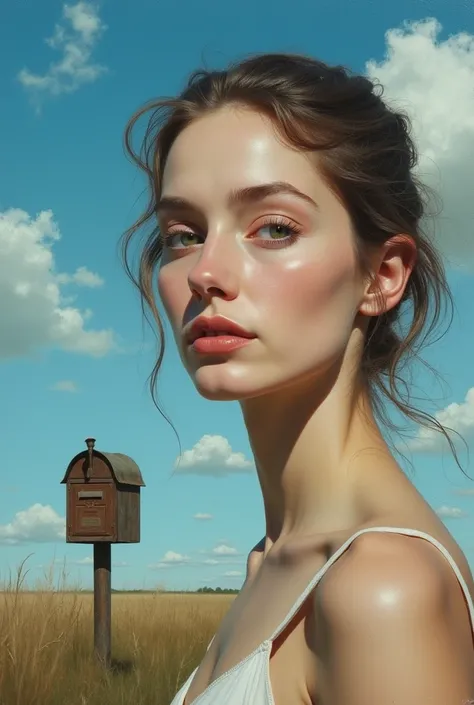 A stunning young woman with delicate features, depicted in an oil painting style. Her face is serene but notably lacks eyes, adding an air of mystery. The background showcases a breathtaking blue sky with soft, wispy clouds, creating a sense of depth and t...