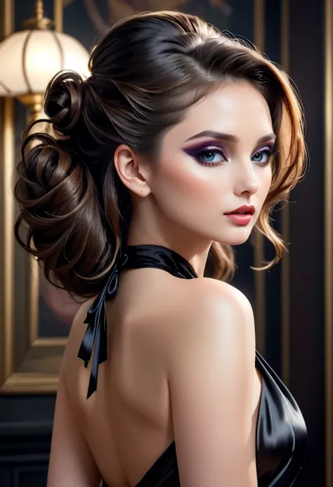 ultra detailed, absolutely resolution, masterpiece. 
portrait, beautiful woman, glossy silky half updo, makeup, lewd expression, cortesy, elegance, dignity, lewd great body proportion, side boobs, wearing black satin halter neck loose dress. 
various effec...