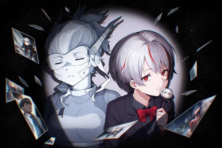 Anime characters with white hair and black clothes stand side by side, Anime picture by Shin Gei , Pixiv, Empty heart,  in the style of Cytus and Deemo ,  Arknights, zerochan Art,  Best Anime 4K Kon A Wallpaper ,  Official Fanart, Spectacular anime style, ...