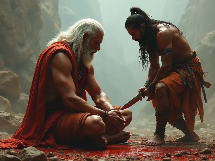 Drona with white hair head straight, grief-stricken and losing the will to fight, laid aside his weapons and bow and sat in meditation.
Dhrishtadyumna, intent on killing with long knife,some blood on the ground