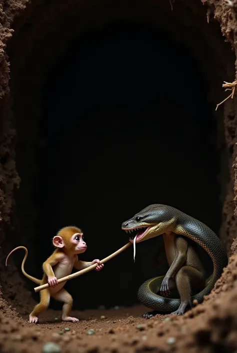 Inside the dark pit, a fierce battle unfolds. The mother monkey, holding a sharp wooden stick, strikes at the large snake that is lunging toward her baby. The snake has its hood raised, hissing aggressively. The mother monkey looks brave and determined, pr...