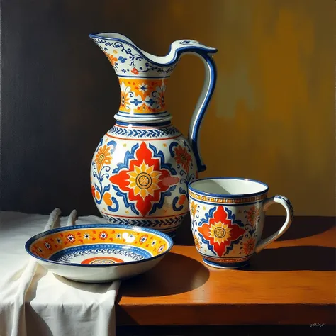 a classic oil painting, still life with a jug and a cup, detailed ceramic dishes with red yellow blue geometric patterns, photorealistic, masterpiece, high quality, vibrant colors, dynamic lighting, elegant composition, intricate details, studio lighting, ...