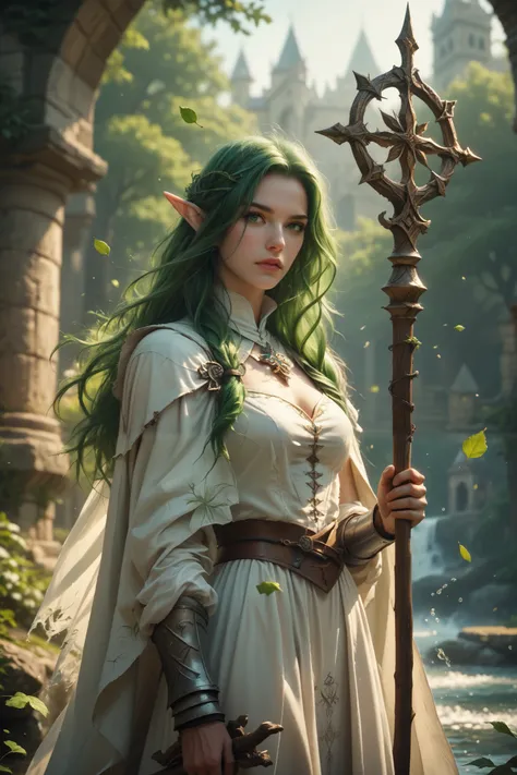 score_9, score_8_up, score_7_up, (masterpiece, UHD, 8K, 16K, ultra detailed), sfw, upperbody shot, 1female, elf, (shy, clumsy), green eyes, long hair, green hair, holding a wooden staff, white dress, white cloak, intricate details, (murmuring leaves), (win...