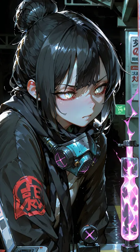  1 girl, solo,  high resolution, black髪,  1 bun hair , White Eyes,  stares/ makes a disgusting face/Dissatisfied,  close-up,  illustration that shows up to your toes, anime,  ACTION PAINTING, anime, anime風, Apocalypse,  Ghibli style color, APEX,Wraith, die...