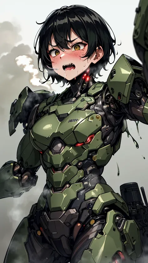 ,   very detailed ,   Graveyard Details   ,   high image quality , 最  high image quality ,   kampala, 1080P 、  smoke coming out of the wound   　 green armor 、    Steam Coming Out   、 cute((全身のSerious damage))(   Injury Woman Wearing Robot Suit...)  smoke c...