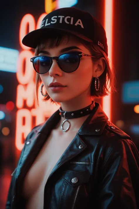 Close-up do rosto, Alternative girl,  looking over black sunglasses, jacket, collar,  neon light reflections on the skin, earring, makeup,  skin imperfections,  short hair, hat, neon light background ,  low light,  depth of field, highly detailed,  high co...