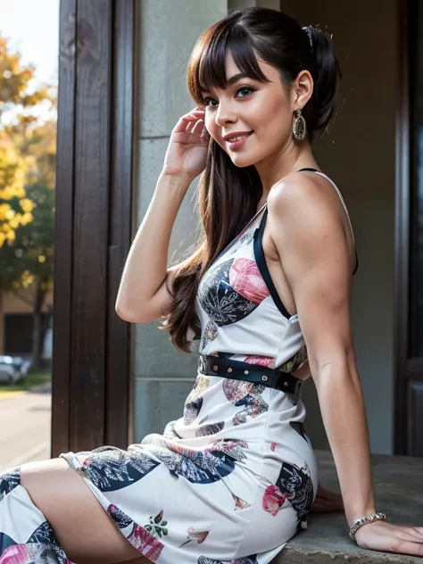 (best quality, 8k, masterpiece, ultra-detailed), vintage Woman 25-years-old pin-up, crossed legs wearing black stockings, auburn straight hair, bangs, beautiful detailed face, big eyelashes, ponytail, little smile, jewels, ((((dress printed)))), futuristic...