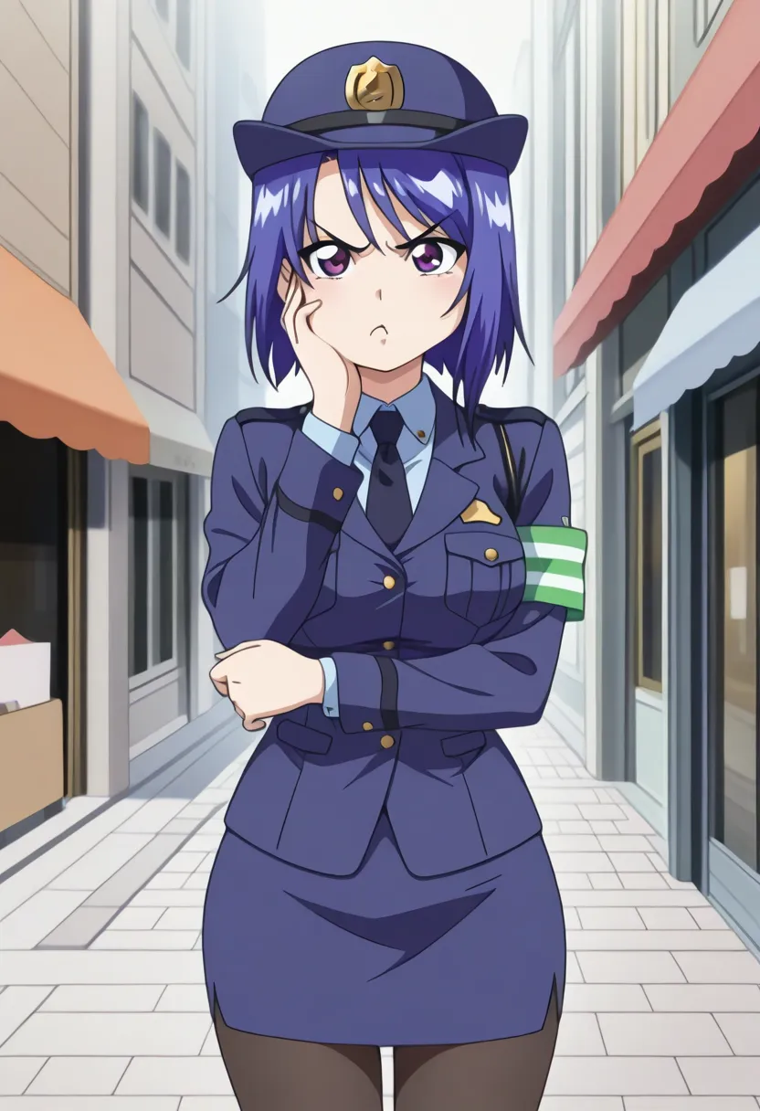  1 girl, Alone,  blue hair,  short hair,  purple eyes, chest, Beautiful breasts, Female police officer, policewoman_Cap,  jacket ,  shirt,  Long Sleeve,   tie, Armband, skirt,  pantyhose, Outdoors, Shopping Street, alley,  are standing,  angry,  puff up yo...