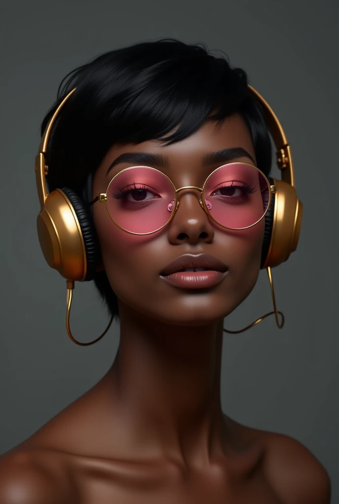 “Portrait of a person with dark skin, short black hair, wearing golden headphones and pink glasses. The person has a distinctive beauty mark on their chin. The background is a realistic, dark grey with a smooth, neutral tone that contrasts with the subject...