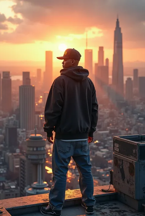 A young rapper above a building looking at the horizon 