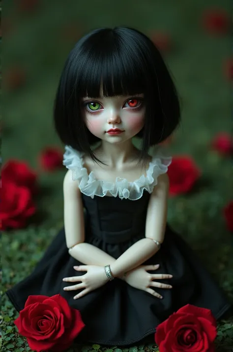 Realistic doll with heterochromia 
hinged
Arms crossed
One green eye and one red 
short black hair
black dress with white ruffles
Green floor
Red roses