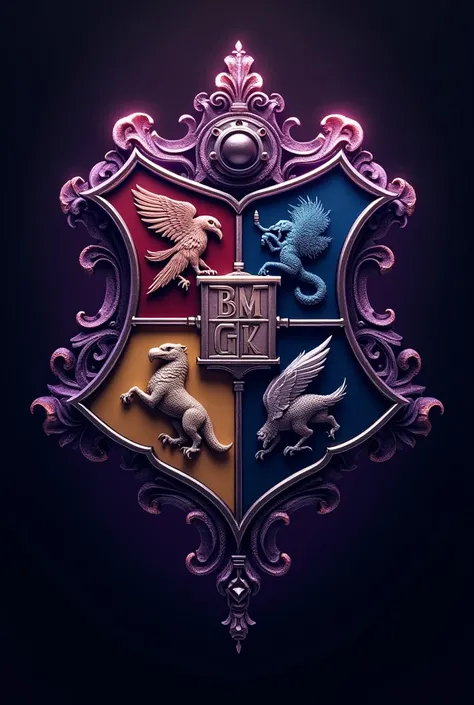 A logo mix of Griffindor,Slythrin , Hutfillpuf and Ravenclaw using the color of purple and black And add name "BMGK" with bold letter and some magic effects in all photo