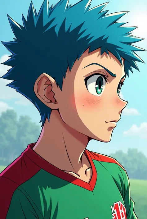 ( oeuvre d&#39;art,    Qualité maximale , meilleure qualité, Art officiel,  magnifique et très très esthétiquement menaçant:1.2)  Garçon Inazuma Eleven OC aux cheveux  bleu et aux yeux rouge et vert scarlate menaçants.Uniforme vert et rouge artificiel styl...