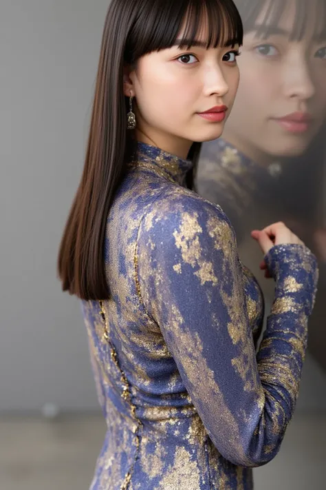  Photorealistic、 young woman, whole body、 brown hair, blue-purple and golden metallic latex bodysuit、 shiny metallic latex fabric、 Beautiful Gold Earrings ,  golden necklace 