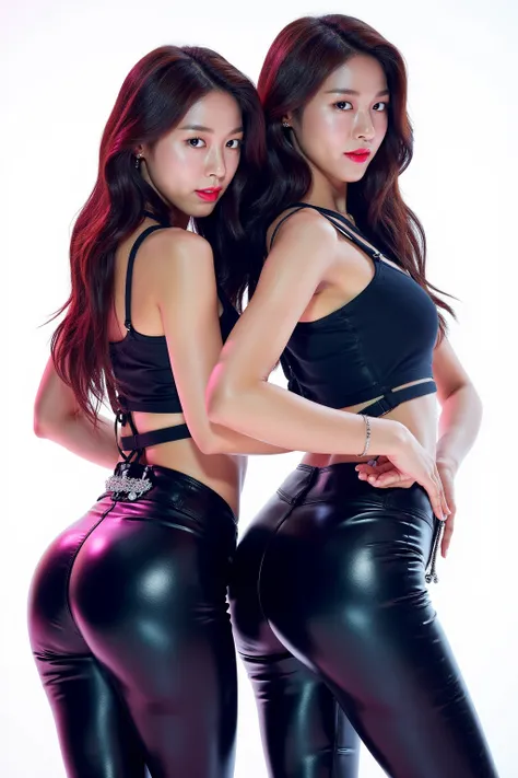 Pictorial Debut Girl Group , black leather pants with pockets and zipper,  black leather bodysuit,  white background, Back,  hips, rear, White decorations,  colorful lights, 2 members,  close-up