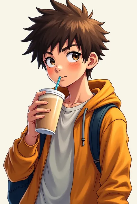 tall teenager,  student,  with brown hair,  half-short disheveled backwards in tips, Ojos Dorados , sharp look, lost expression  (  my hero Academia style )  with casual clothes,  drinking a shake . ( Similarity to Keigo Takami from My Hero Academia) 