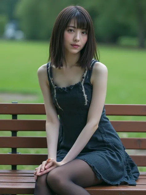 The image is、 is a portrait of a young woman named Hamabe with half-long dark brown hair and bangs sitting on a park bench。
 miniskirt, black pantyhose , rough tops, black pantyhose . cinematic lighting,  forward,  are standing,