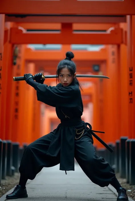 A female ninja stands on a pathway crowded with bright red torii gates, glaring at us. She is wearing a black ninja costume, her face has no mask or hood, her hair is bunched up, her face is a young, pretty woman of oriental descent, she is glaring with a ...