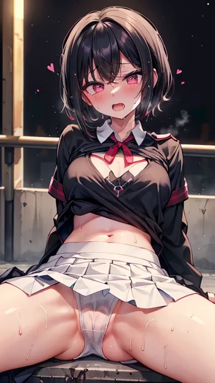     black hair   ,     Shortcut Hairstyles,(((hot, sweated,)), See-through clothing、((( Alone for Two 、night、On the road))), (( ahegao、 narrows eyes)),   pink eye of a heart , (  drool ,   moans).((sweaty white underwear ))、saliva,   heavy breathing, saliv...