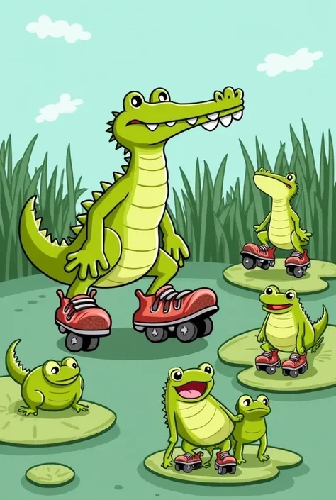 _Scene 4: Charlie doing silly tricks_
Image prompt: Charlie, ( crocodile)on roller skates, doing silly tricks, such as jumping over a lily pad, spinning around, or sliding on his belly, with a group of frogs watching and laughing in the background.