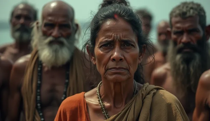 A tense close-up shot of Rani’s face as she stands surrounded by a group of older fishermen from the village. Their stern expressions and crossed arms convey authority, while Rani’s eyes reflect a mix of frustration, sadness, and quiet defiance. One elderl...