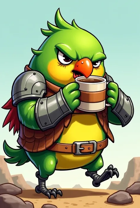 Green parrot, chubby lol, likes coffee and grumbles style cartoon nervous warrior parrot with armor drinking coffee in action