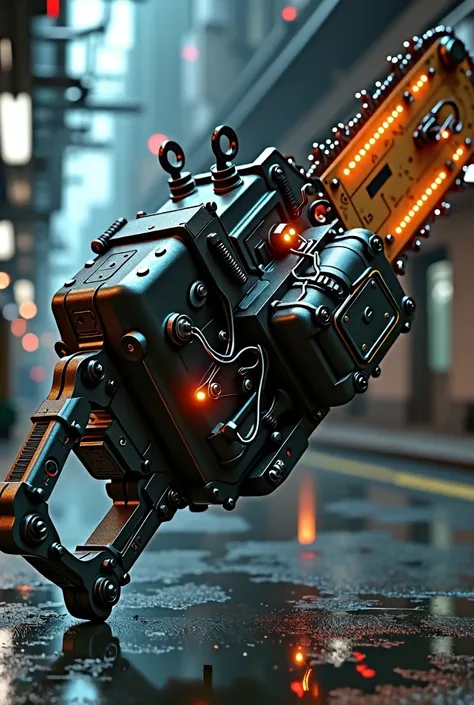 A scrappy mechanical style chainsaw，fiber optic cables, data transfer cables, light emitting diodes, future technologies(global illumination, ray tracing, HDR, non-realistic rendering, sensible design, high detail, masterpieces, optimal quality, cinematic ...