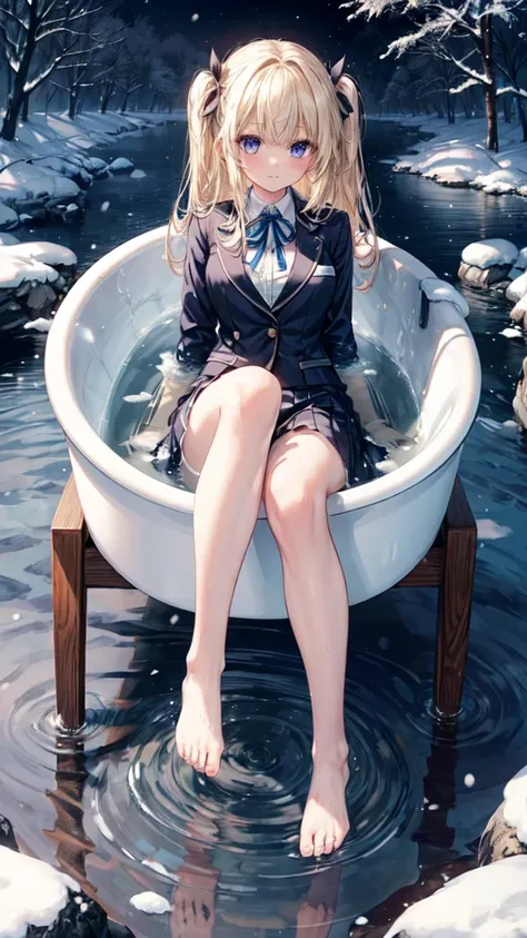 (8k,  super quality next to each other,  Masterpiece:1.2),  ultra high resolution,  cute,  girl, solo, whole body,  blonde, Blue Eyes,  blazer,  shirt,  blouse, ribbon, Navy wrinkled skirt, Navy Blue, Gothic Long Skirt, night,  Fantastic Scenery, Warm ligh...