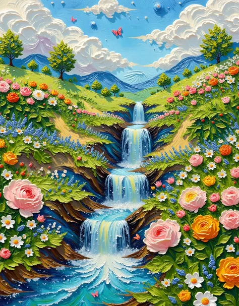 A masterpiece, the best composition, the best quality, the world of patchwork quilts, handmade style landscape design, water flowing from top to bottom, steep steps, water splashes, grass and flower beds are installed in steps, blue sky, white clouds, beau...