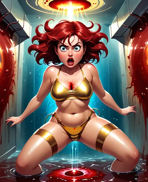   Retro Sci-Fi Cinematic Picture , terror .  Inside the Vagina of a ,  Where a plump red-haired, tanned girl wearing shiny metallic gold underwear travels in search of a panic-filled hole,   lost in the blood stream  ,and the veins   ,   between viruses an...