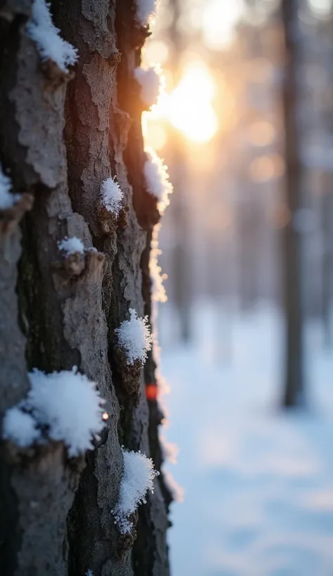 A close-up view of tree bark covered in a delicate layer of fresh snow on a sunny winter day in the forest. The rough texture of the bark contrasts beautifully with the soft, powdery snow clinging to its surface. Sunlight filters through the trees, casting...