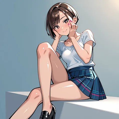 Ayase Momo, brown hair, short Hair, Smile, Blush, High Resolution, Masterpiece, Accurate, Anatomically Correct, Award Winning, Best Quality, Detail, HD, High Details, High Quality, Quality, Super Detailed, UHD, pixie cut, Breasts, small breasts, Covering E...