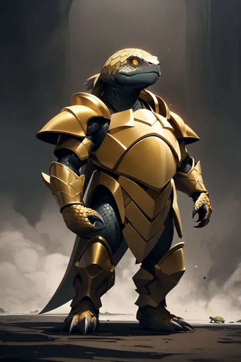 male character, anthro turtle, golden color armor, big carapace shell on body, scaly body, white ponytail hair, cloudy eyes, sharp claws, intimidating, standing in the darkness, sleek body,HD, Accurate, High Resolution, 