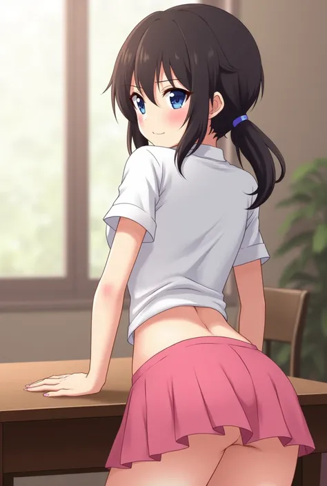 attractive young woman, by rubio, blue eyes, short pink skirt, White shirt, big butt, forward lean, naked , naked , Masturbate , crouched, backward, show your ass, leaning on a table, squat,naked anime