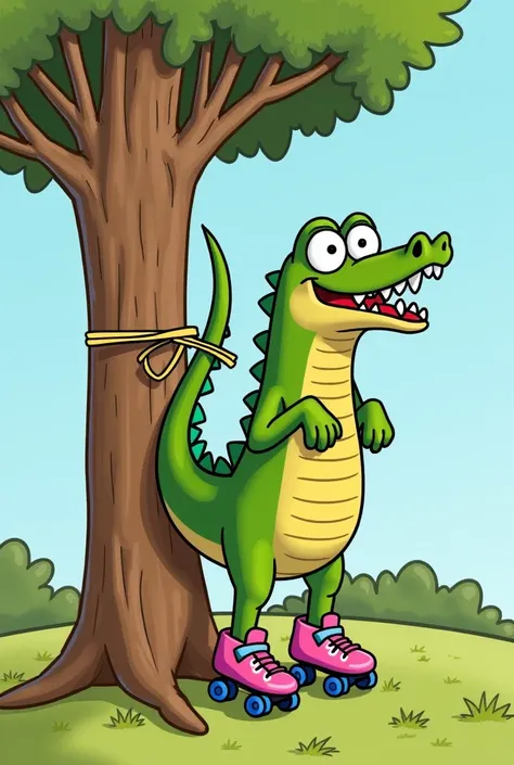 _Scene 5: Charlie getting his tail tangled in a tree_
Image prompt: Charlie, crocodile still wearing roller skates, trying to skate up a tree, but getting his tail tangled in the branches, with a surprised and silly expression on his face.