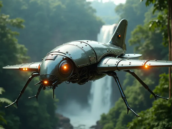 a realistic raw photo of a futuristic technological beetle with parts of a jet plane with blinding and very bright navigation lights in a rainforest with a waterfall