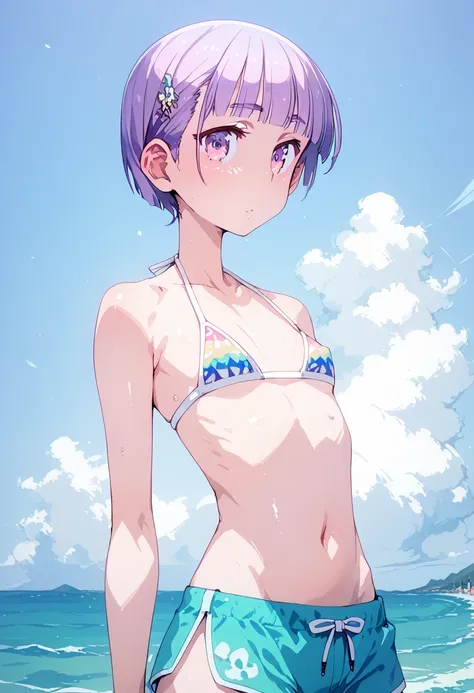 pt、 button， Feminine Body Line，  flat chest， ,sfw,sfw,sfw， Glossy Skin， Glossy Skin， Glossy Skin，Wave splash,Techno Cut，Swim trunks，Thighs， shirtless， bikini