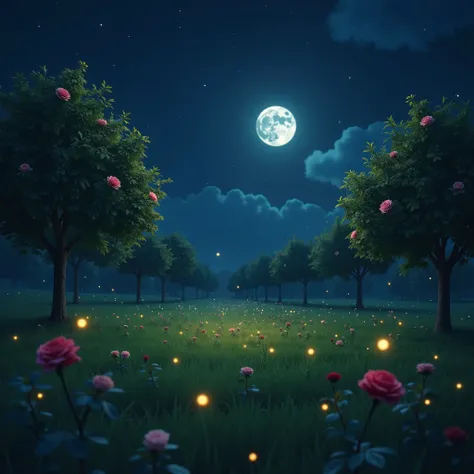 
A view of a meadow full of trees at night. Roses are blooming on the small trees around. The moon is shining in the night sky and a few stars are also visible in its light. Fireflies are roaming around the field, creating a magical atmosphere.








