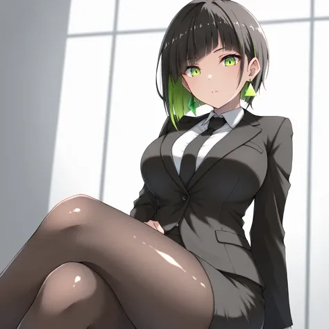 masterpiece, (((( best quality )))),1 girl, Japanese Anime ,,shiny skin, wearing a black suit,skirt suit, black tie , dark hair, short bob hair,The inner color of the hair is green, green eyes,isosceles triangle earrings, black tights,large breasts