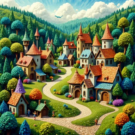 A masterpiece, the best composition, the best quality, seamless pattern, landscape design, painting of a city with many houses and trees, village in the woods, cottage town, tree town, tiny village, magical village, whimsical fantasy landscape art, small v...