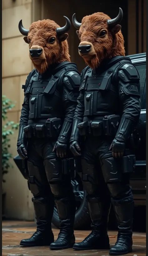 "A pair of futuristic soldiers stand side by side in a rainy urban environment. They are wearing high-tech black tactical armor with multiple pouches, straps, and protective gear. Their faces are replaced with highly detailed, realistic bison heads, comple...