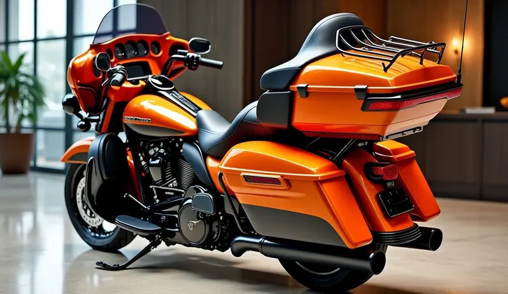 A STUNNING bike name 2025 Harley-Davidson Electra glide ultra limited Bike SIZE  Bike back said  orange COLOR most luxury back IN LUXURY largest shine windows view SHOWROOM