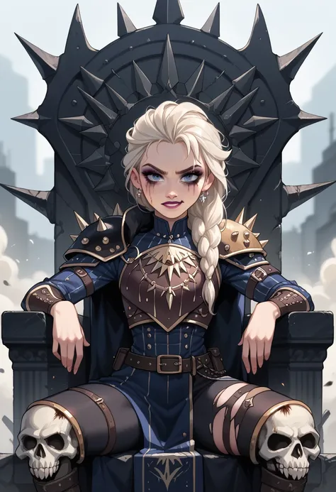 Elsa, a battle-hardened warrior, sitting on a throne of skulls in an apocalyptic outdoor setting, front view, wide focus shot, with an end-of-days atmosphere, very skinny and wearing body armor, battle scars visible, dark makeup accentuating her hungry exp...