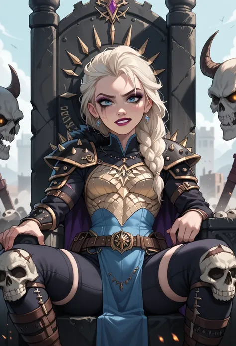 Elsa, a battle-hardened warrior, sitting on a throne of skulls in an apocalyptic outdoor setting, front view, wide focus shot, with an end-of-days atmosphere, very skinny and wearing body armor, battle scars visible, dark makeup accentuating her hungry exp...