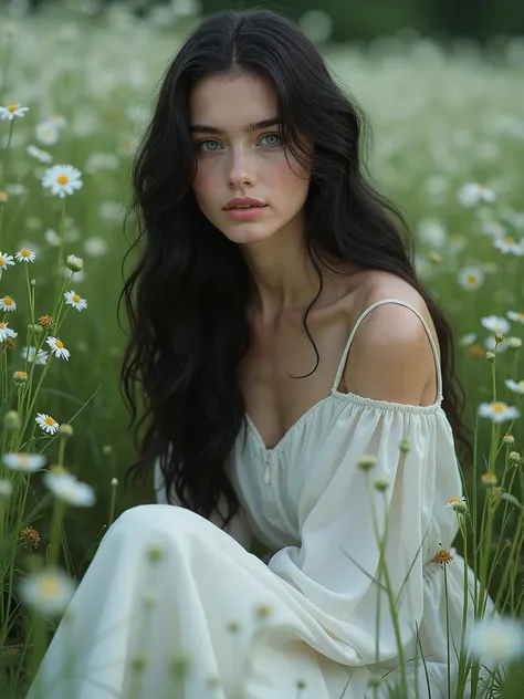 A 23 years old Caucasian woman of adventurous energy and wisdom who has long black hair, has blue eyes and fair skin, she has thin lips, and soft spoken. She is wearing white dress, and sitting in a grass garden with white flowers all around. Creating a ma...