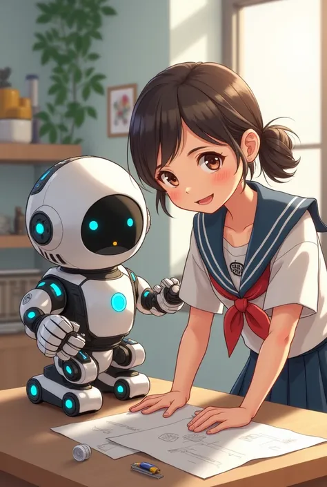 Girl using uniform fixing robot with robot and they hppy