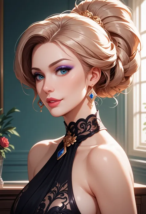 ultra detailed, absolutely resolution, masterpiece. 
portrait, beautiful woman, glossy silky half updo, makeup, lewd expression, cortesy, elegance, dignity, lewd great body proportion, side boobs, wearing black satin halter neck loose dress. 
various effec...